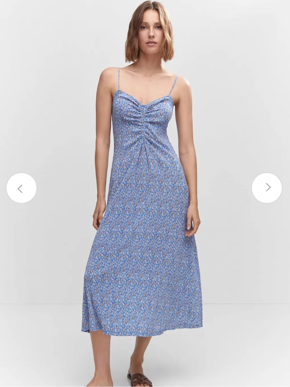 Mango blue floral print ruched A line midi dress size 8